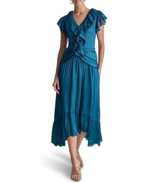DKNY Sleeveless V-Neck Ruffle Crinkle Fit-And-Flare Midi-Dress - Blue