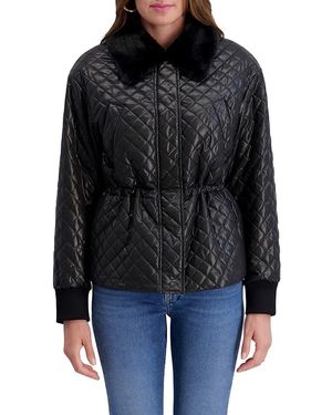 Kensie Faux Fur Trim Collar Quilted Jacket - Black