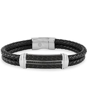 Esquire Leather & 0.1 Tcw Diamond Braided Bracelet - Black