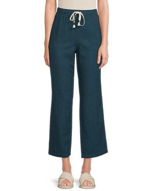 Andrew Marc Tie Waist Linen-Blend Wide-Leg Trousers - Blue