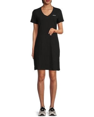 DKNY Studded Logo V-Neck T-Shirt Dress - Black