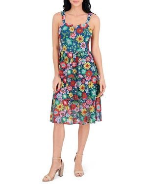 Kensie Floral Embroidery Tiered Fit-&-Flare Midi-Dress - Blue