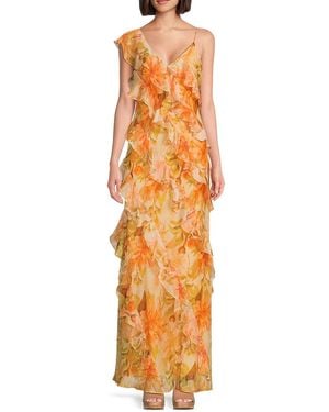 Mikael Aghal Floral Ruffle Gown - Orange