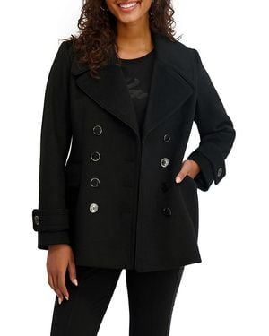 Karl Lagerfeld Wool-Blend Peacoat With Faux Leather Trim - Black