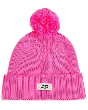 UGG Cuff Knit Beanie With Yarn Pom - Pink