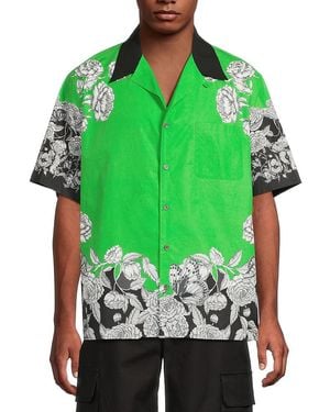 Valentino Floral-Print Contrast-Collar Cotton Shirt - Green