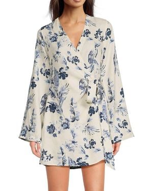 Saks Fifth Avenue Floral 100% Linen Wrap Minidress - Gray