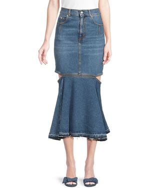McQueen Whiskered Sheath Denim Midi-Skirt - Blue