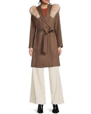 Cole Haan Faux Fur-Trim Wool-Blend Wrap Coat - Natural