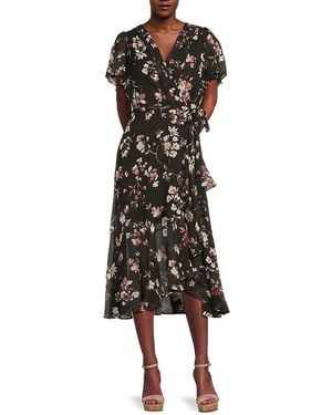 DKNY Floral Crinkled Chiffon Wrap Midi-Dress - Black