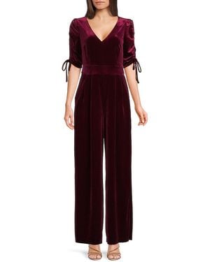 Eliza J Ruched Tie Sleeve Velvet Jumpsuit - Purple