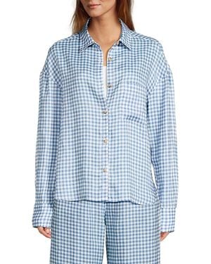 Saks Fifth Avenue Gingham Check 100% Linen Oversized Shirt - Blue