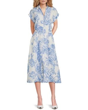 Tahari Floral-Print Linen-Blend Midi-Dress - Blue