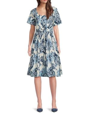 Mikael Aghal Motif Print Belted Knee Length Dress - Blue