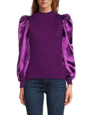 Lea & Viola Mixed Media Puff Sleeve Top - Purple