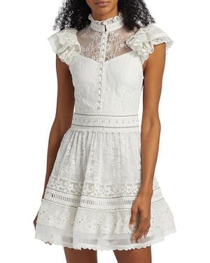 Alice + Olivia Vernita Ruffled Lace A-Line Minidress - White