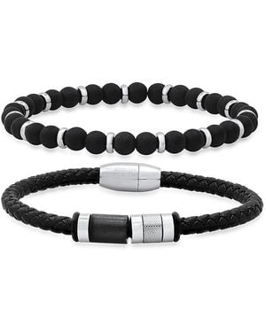 Anthony Jacobs 2-Piece Two Tone Ip Stainless Steel, Leather, Rubber & Lava Beaded Bracelet Set - Black