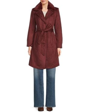 Ellen Tracy Faux-Suede Belted Coat With Faux-Fur Collar - Red