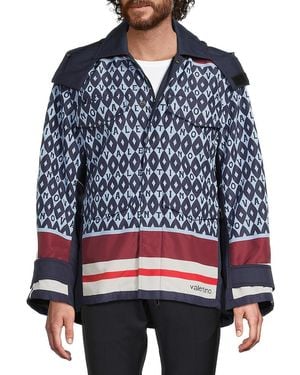 Valentino Caban Monogram-Print Hooded Windbreaker Jacket - Blue