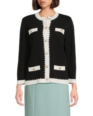 Karl Lagerfeld Contrast Trim Pearl-Button Knit Cardigan - Black