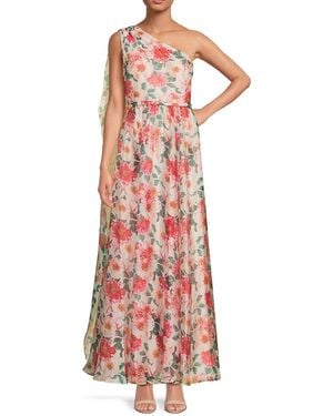 Mikael Aghal Floral One-shoulder Gown - Red