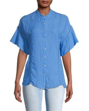 120% Lino Flounce-Sleeve Linen Top - Blue
