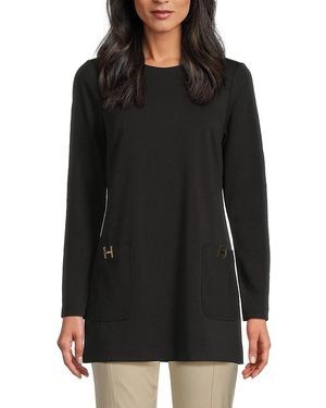 Halston Logo Long Sleeve Tunic Top - Black