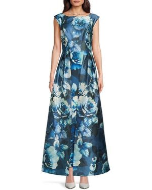 Kay Unger Floral Pleated High-Low Gown - Blue