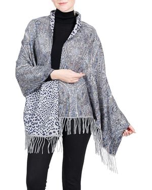 Belle Fare Double-Sided Paisley Print Cashmere Fringe Wrap - Grey