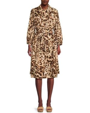 Halston Animal Print Belted Cotton Shirtdress - Natural