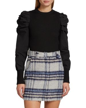 En Saison Mixed Media Ribbed Puff Sleeve Top - Black
