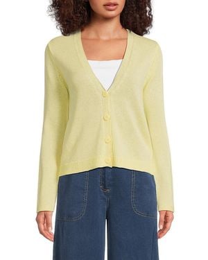 Max Studio Linen-Blend V-Neck Button-Front Cardigan - Yellow