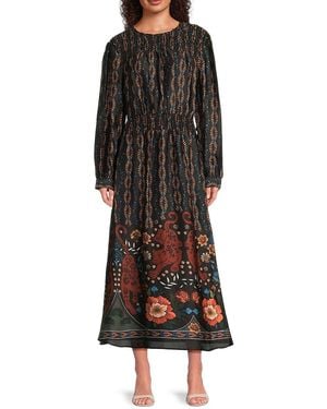 Tahari Printed Long-Sleeve Crewneck Midi-Dress - Black
