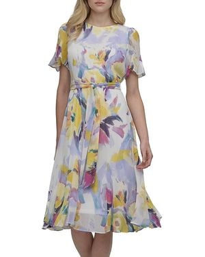 DKNY Abstract Print Belted Midi-Dress - White
