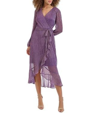 Kensie Metallic Crinkle Belted Midi-dress - Purple