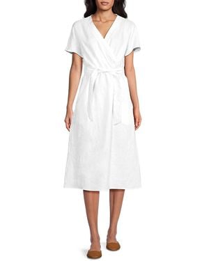 Saks Fifth Avenue 100% Linen Faux-wrap Embroidered Midi-dress - White