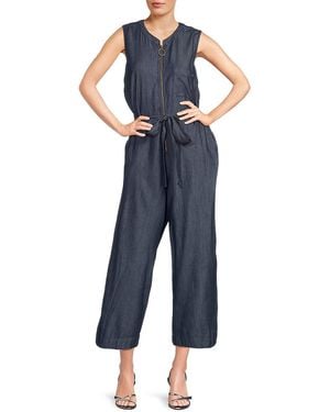 Tommy Hilfiger Utility Zip Self-Tie Chambray Cropped Wide-Leg Jumpsuit - Blue