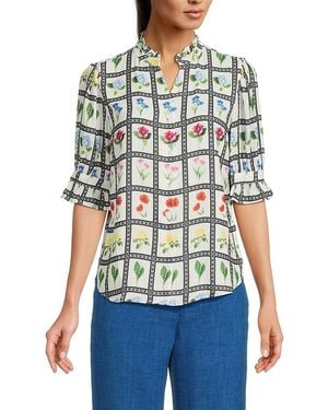Tahari Floral Grid Split-Neck Blouse - White