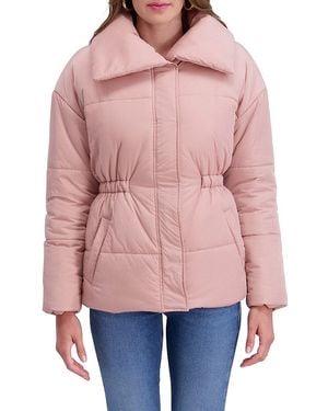 Kensie Crinkled Cinched Puffer Jacket - Red