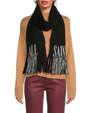 AllSaints Logo Fringe Wool-Blend Scarf - Black