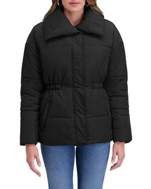 Kensie Crinkled Cinched Puffer Jacket - Black