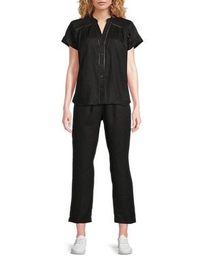 Saks Fifth Avenue Ladderwork Trim 100% Linen Top - Black