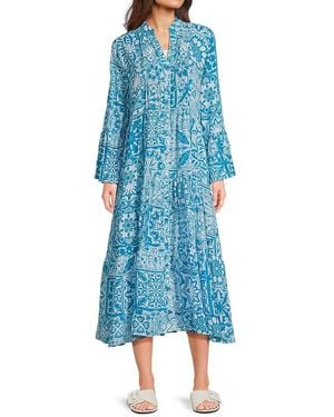La Moda Clothing Printed Cotton Midi Cover Up Dress - Blue