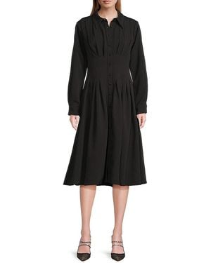 Mikael Aghal Pleated A-Line Midi-Shirtdress - Black