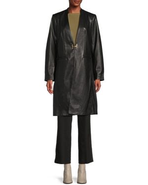 Halston Collarless Faux Leather Longline Coat - Black
