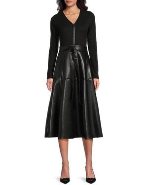 AREA STARS Thea Belted Faux Leather Midi-Dress - Black