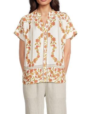 Saks Fifth Avenue Printed 100% Linen Top - Gray