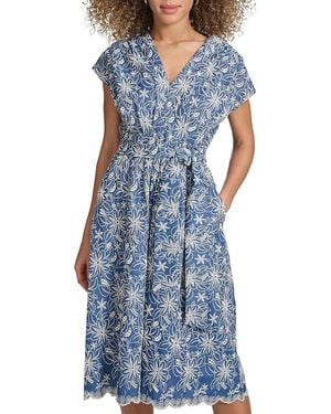 Kensie Faux-wrap Embroidered Chambray Midi-dress - Blue