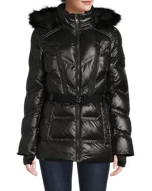 MICHAEL Michael Kors Missy Faux Fur Trim Belted Puffer Coat - Black