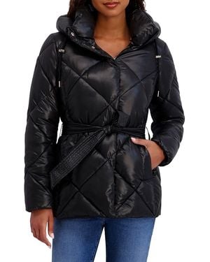Kensie Hooded Belted Puffer Jacket - Black